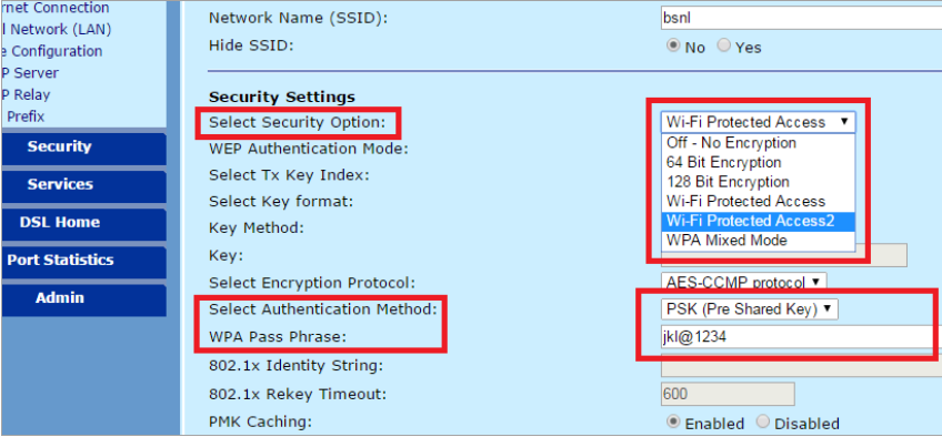 Password settings in BSNL