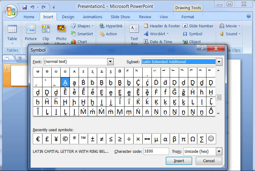 Putting Accents on Letters in PowerPoint via Symbols 1