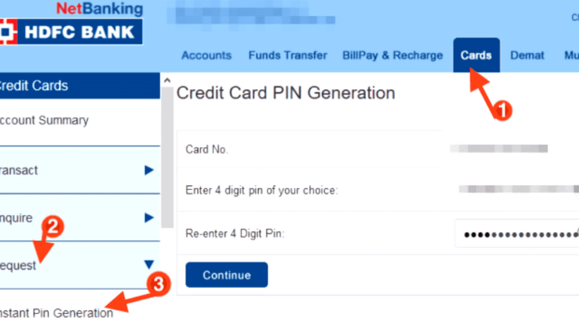 HDFC credit card PIN generation via netbanking