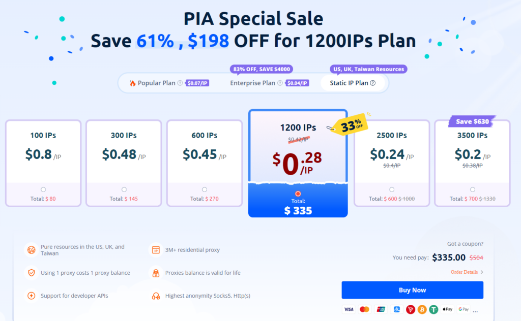 Pia S5 Proxy Static IP Plan