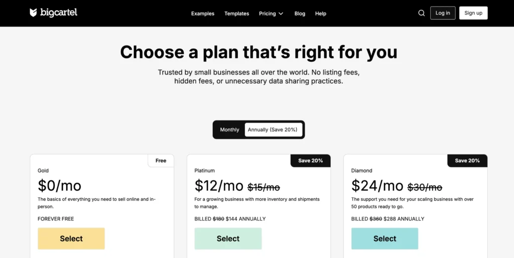 Big Cartel Pricing Options