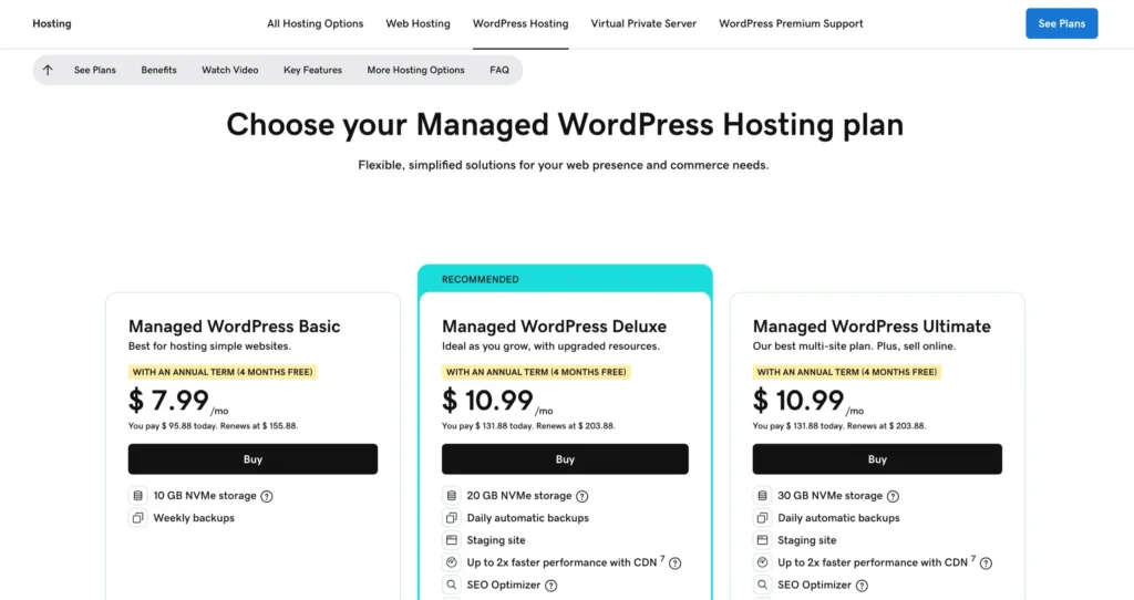 GoDaddy WordPress - Price Plan