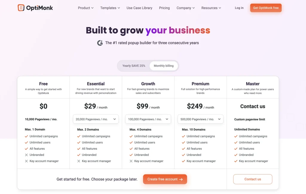 OptiMonk Pricing Options: