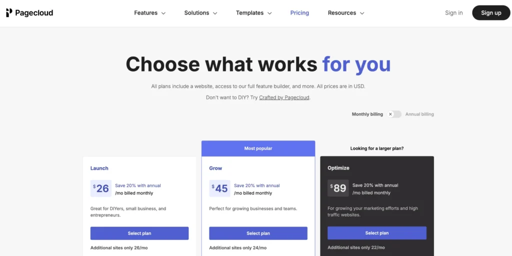 PageCloud Pricing Plans- Monthly