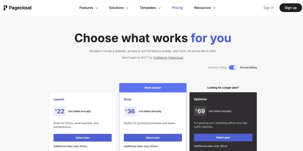 PageCloud Pricing Plans- Yearly