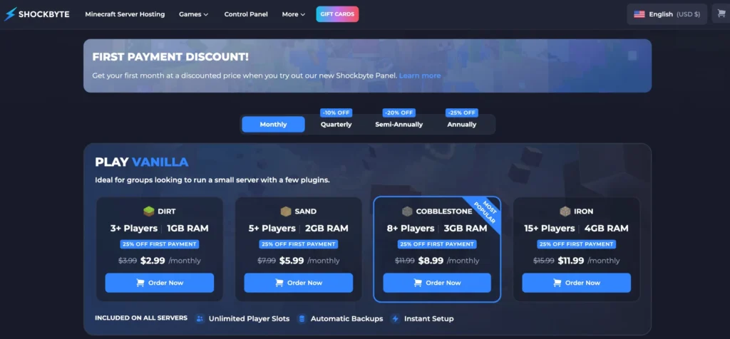 Shockbyte Pricing Plans-