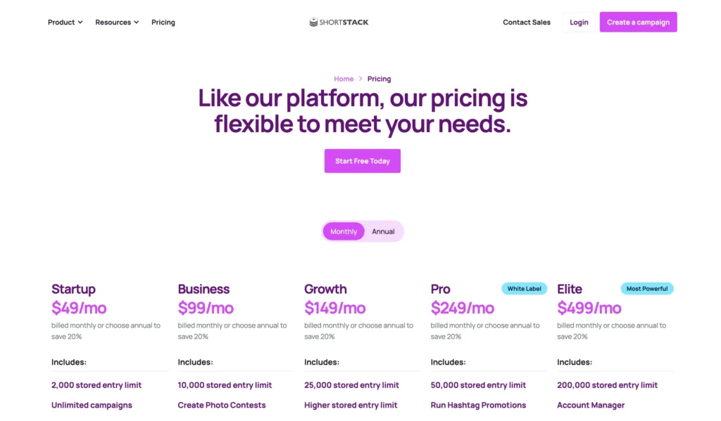 ShortStack- Pricing Plans For Monthly