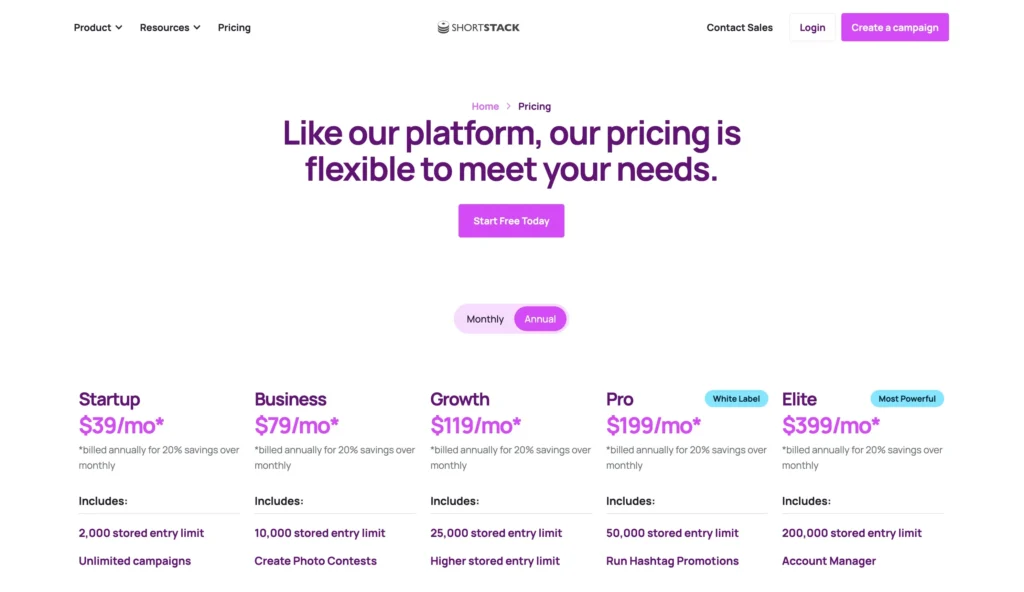 ShortStack- Pricing Plans For Yearly