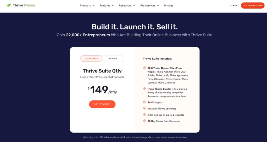 Thrive Architect Pricing Plans - Quarterly