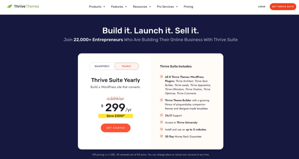 Thrive Architect Pricing Plans - Yearly