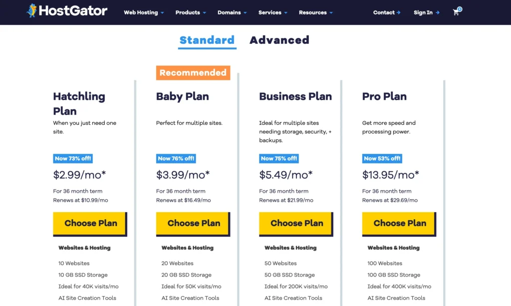 Hostgator Pricing Plans - Standard