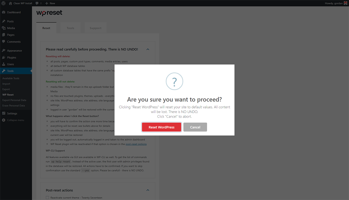 How To Reset A WordPress Blog- Confirm Reset