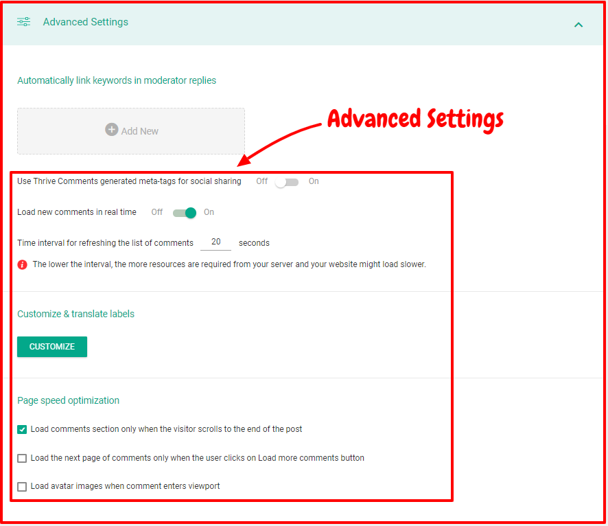 Thrive Comments Review- Advanced Settings