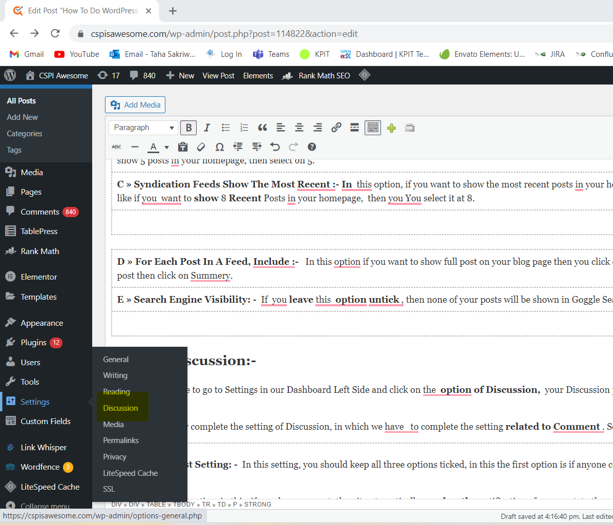 Wordpress Discussion Tab