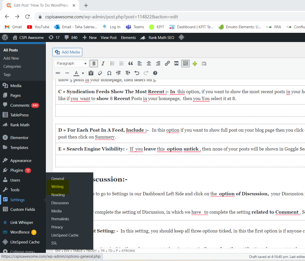 Wordpress Writing Tab