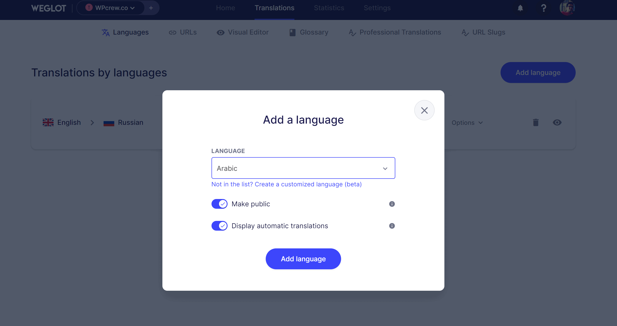 weglot dashboard setting