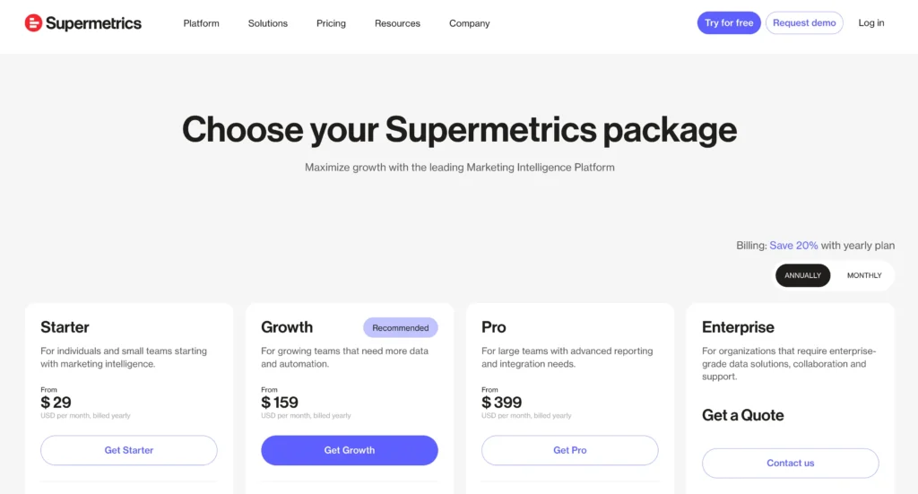 Pricing Table of Supermetrics Review