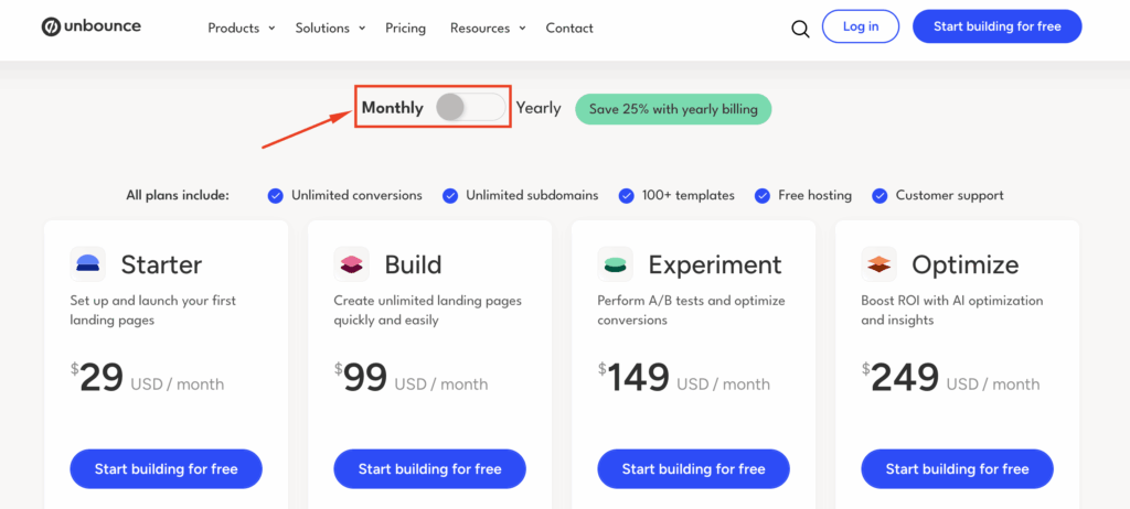 Unbounce Monthly Plans