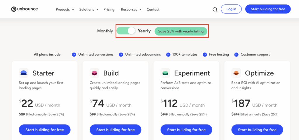 Unbounce Yearly Plans