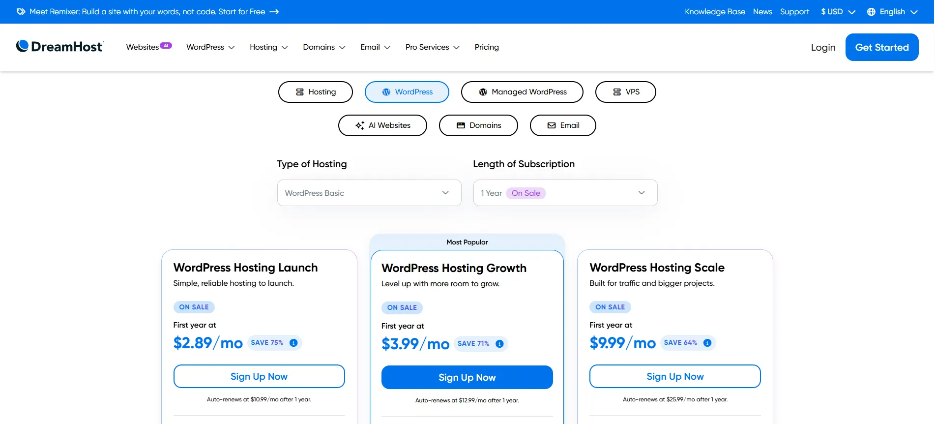 DreamHost WordPress Pricing